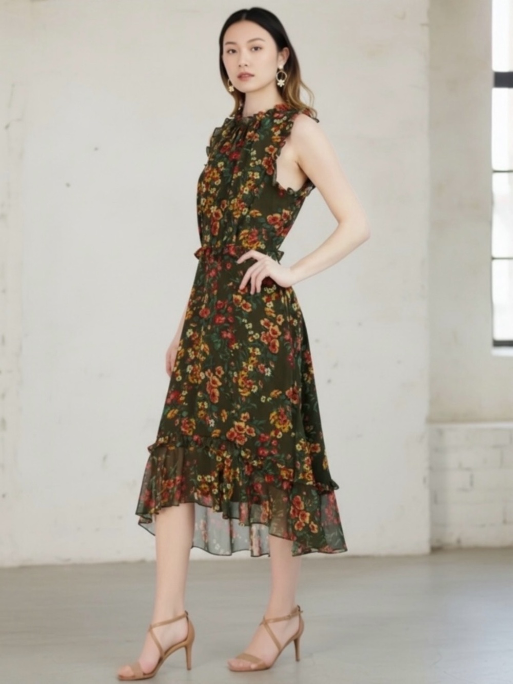 Julia Jordan Midi Dress Olive Multi Floral Size 2 (Video)